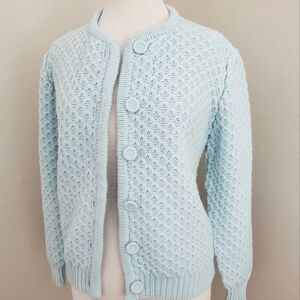 Vintage 50s Nasharr knit cardigan aqua pastel crochet sweater blue cottagecore S